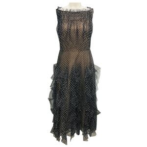 JASON WU COLLECTION BLACK / WHITE POLKA DOT PRINT RUFFLED MESH TULLE MIDI COCKTA